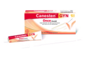 Canesten® GYN Once Kombi-Verpackung mit Cremetube und Applikator im Vordergrund