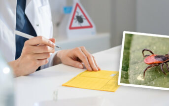 Ärztin schreibt in einen Impfpass, eingeklinkt daneben ist ein gerahmtes Bild mit einer Zecke auf einem Blatt © Pfizer