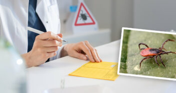 Ärztin schreibt in einen Impfpass, eingeklinkt daneben ist ein gerahmtes Bild mit einer Zecke auf einem Blatt © Pfizer