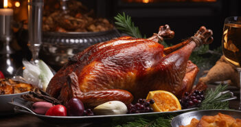 Ein gebratener Truthahn steht angerichtet auf einem weihnachtlich geschmückten Tisch