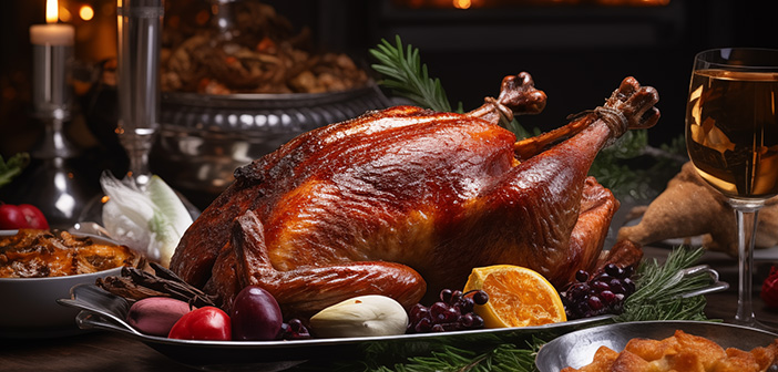 Ein gebratener Truthahn steht angerichtet auf einem weihnachtlich geschmückten Tisch